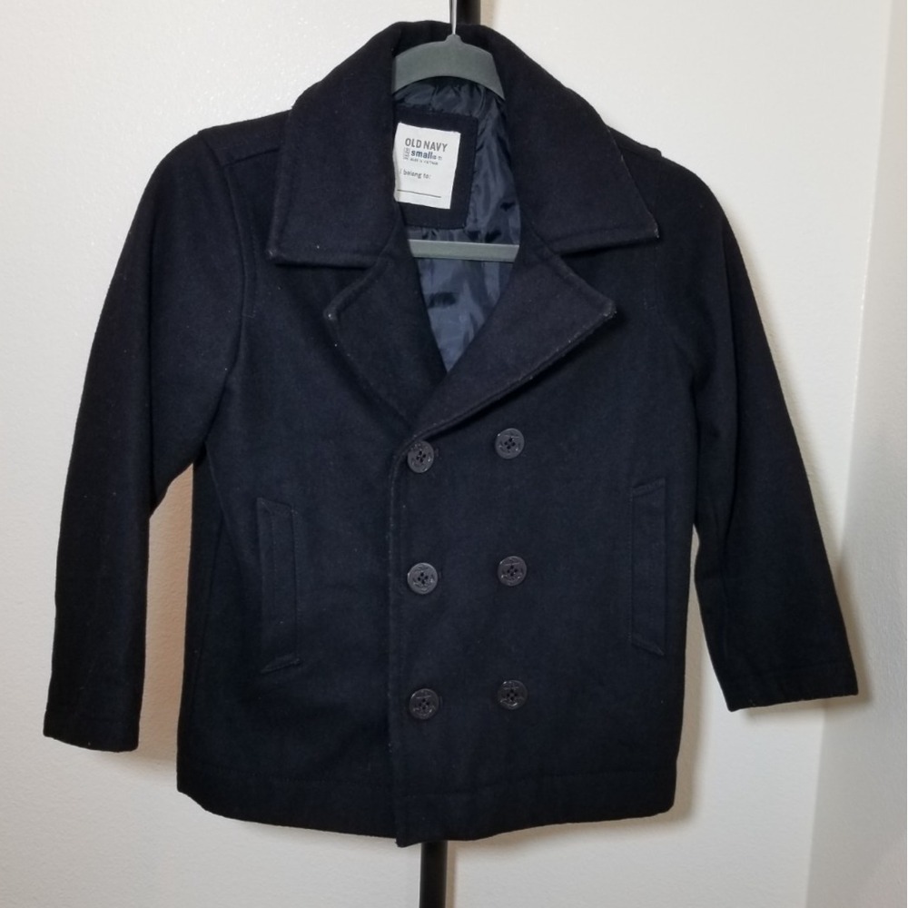 Old Navy Black Wool Double Breasted Pea Coat Boys Size Small 6-7 Navy Buttons